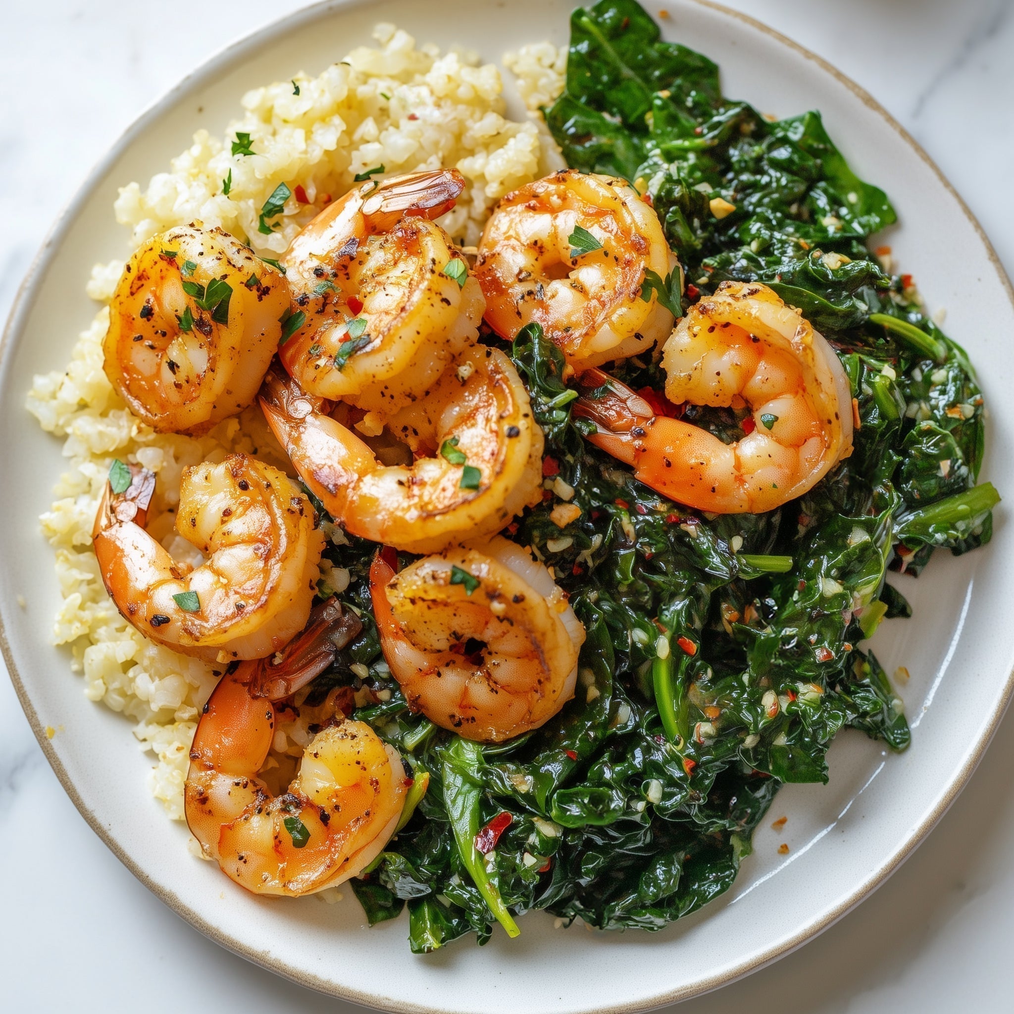 Saluted Rice Garlic Shrimp with Sautéed Greens & Cauliflower Rice – Mark Hyman, MD