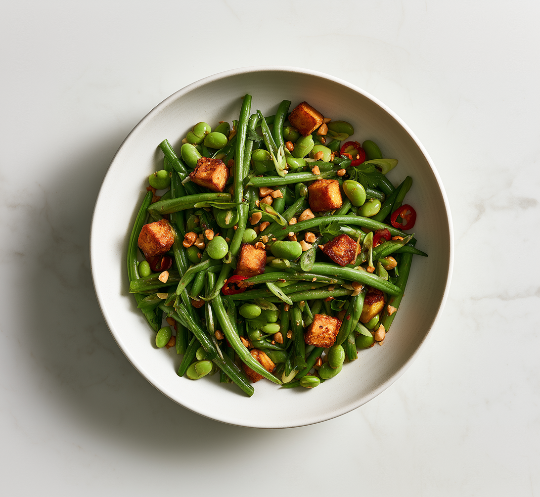 Edamame and Green Beans with Crispy Tofu