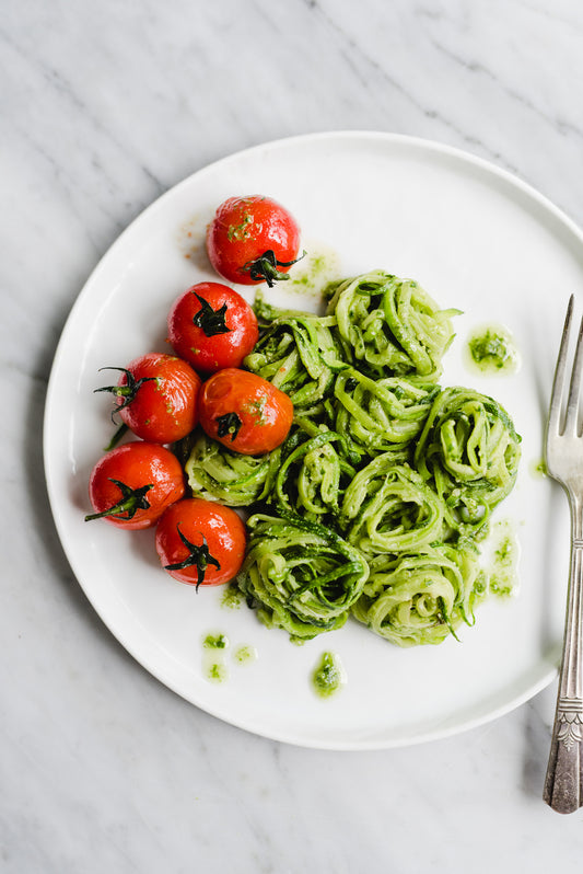 Zucchini “Pasta” with Green Harissa Sauce Easy Healthy Recipe