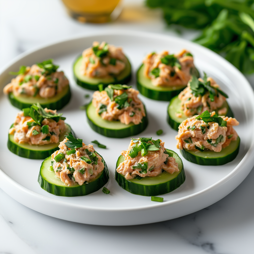 Salmon Salad & Cucumber Scoops with Tahini Dressing