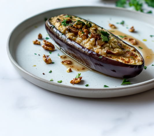 Mushroom Walnut Stuffed Eggplant