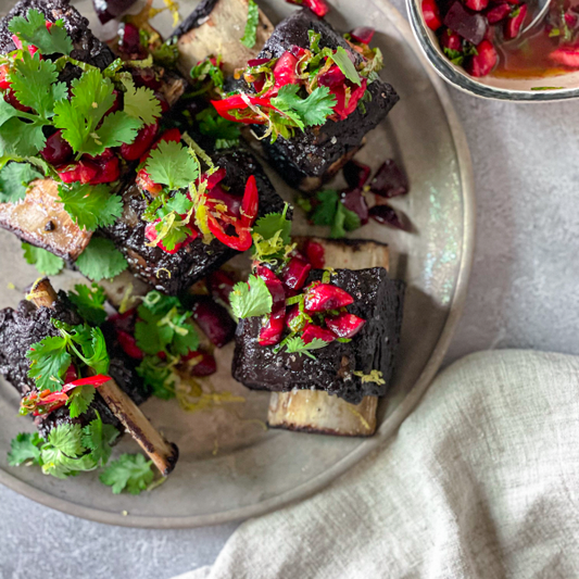 Cacao Rubbed Short Ribs with Cherry Salsa