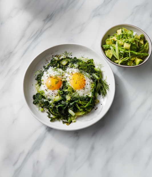 Green Shakshuka with Asparagus Avocado Salad