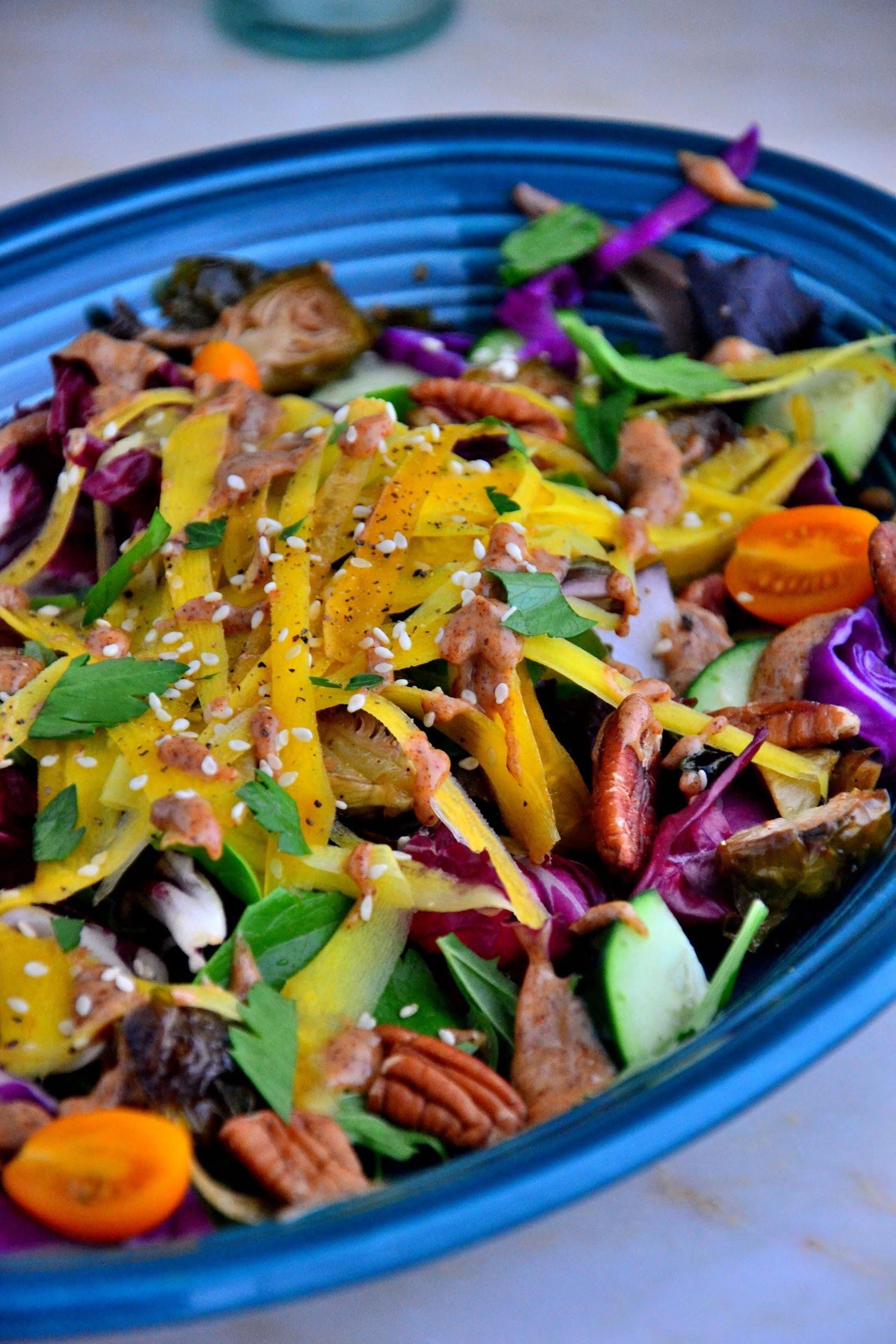 Rainbow Carrot and Brussels Sprout Salad with Pecans Easy Healthy Recipe