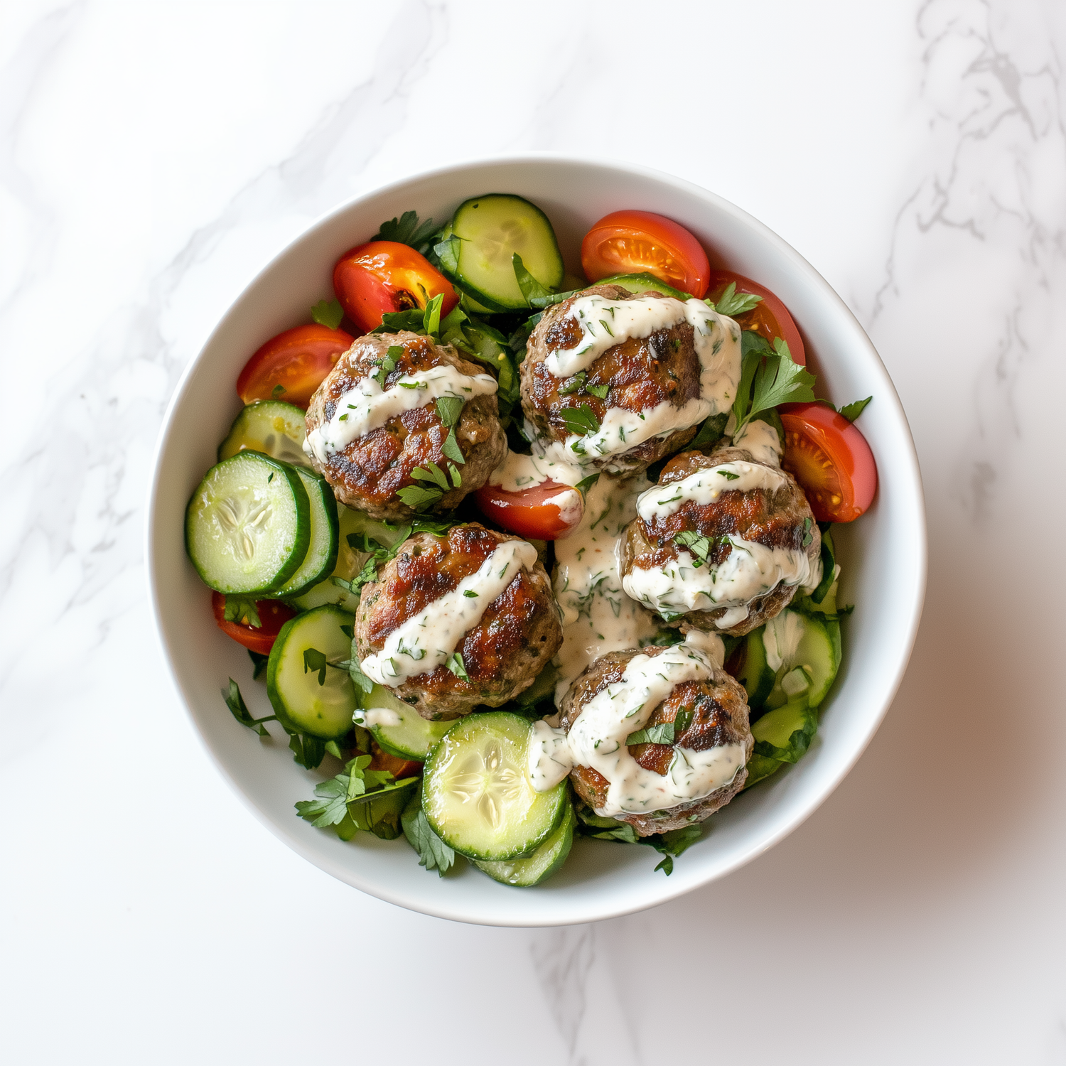 Lamb Meatballs with Tomato-Cucumber Salad and Cashew "Yogurt"