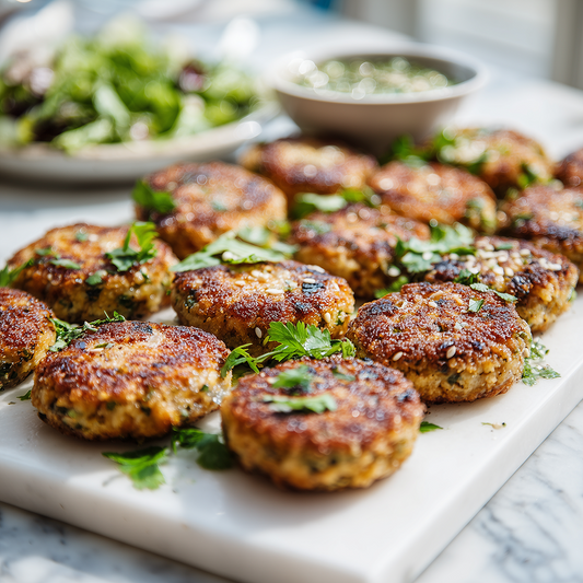 Herbed Sardine Cakes with Avocado-Broccoli Salad