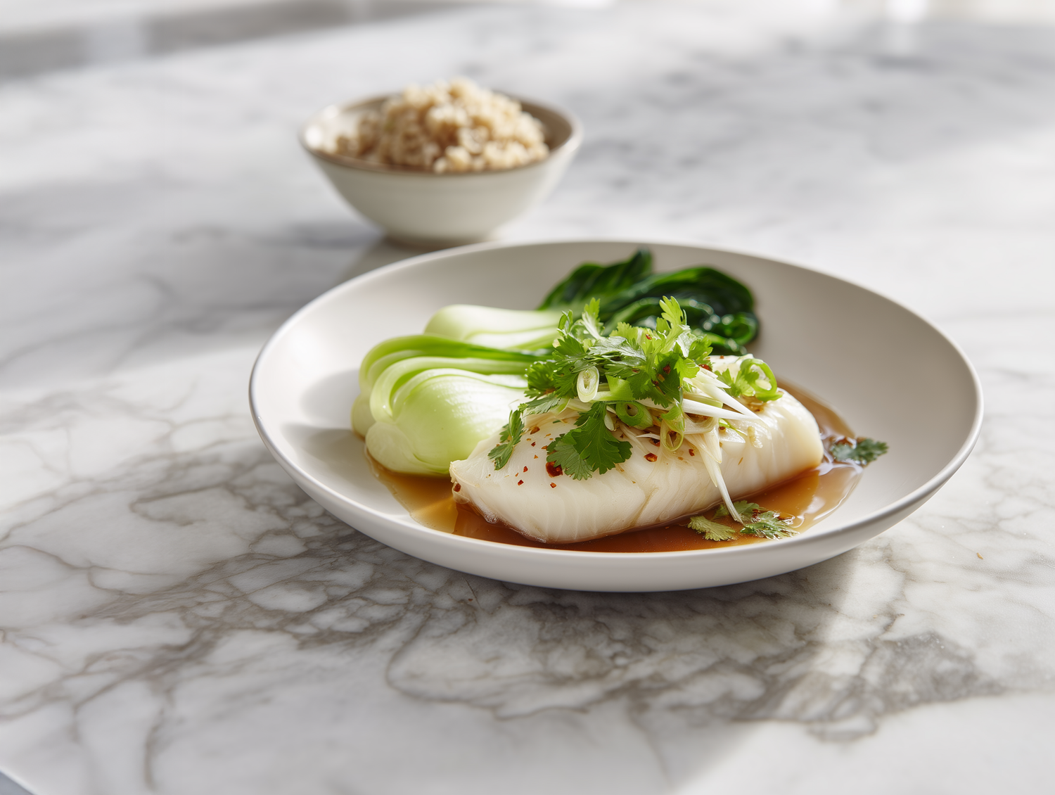 Steamed Sea Bass with Ginger and Bok Choy