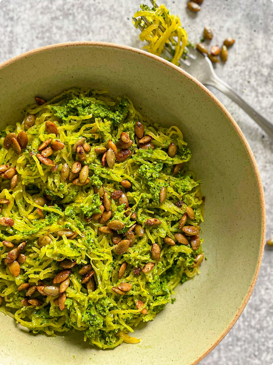 Spaghetti Squash Pasta with Pumpkin Seed Cilantro Pesto