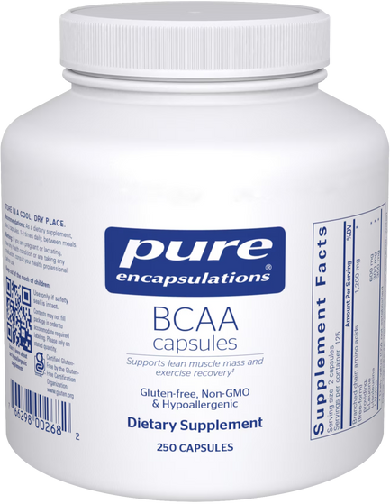 Bottle of BCAA capsules 250 ct.
