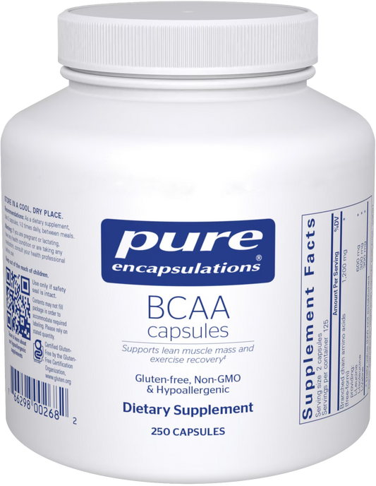 Bottle of BCAA capsules 250 ct.