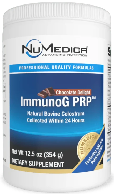 Bottle of ImmunoG PRP Powder Chocolate