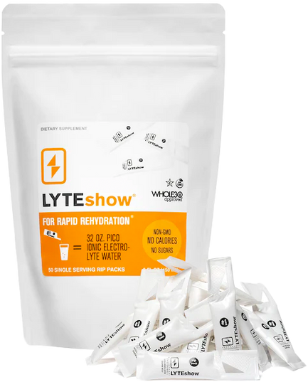 Bottle of LyteShow Electrolyte Concentrate - 50 Single Serving Rip Packs